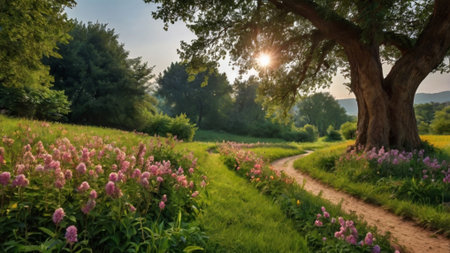Sunset over a meadow with pink flowers and a big tree
