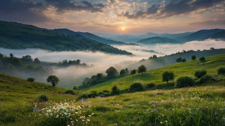 Foggy morning in the Carpathian mountains. Ukraine, Europe.の写真素材