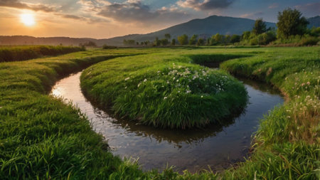 Beautiful landscape with a small river in the meadow at sunsetの写真素材