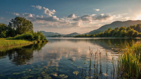Sunset on the lake in the mountains. Summer landscape with a lake.の写真素材