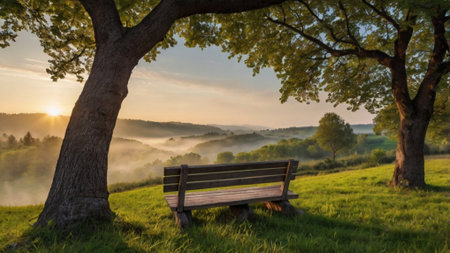Bench on a meadow in the morning mist. Beautiful summer landscape.の写真素材