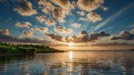 Sunset on the river with clouds reflected in the water. Nature composition.の写真素材