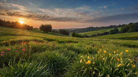 Sunset over the meadow with daffodils and wildflowersの写真素材