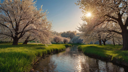Cherry blossoms in full bloom in the spring. Beautiful landscape.の写真素材