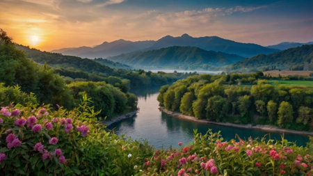 Beautiful summer landscape with the river in the mountains at sunset.