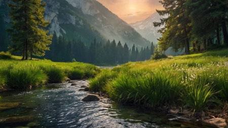 Beautiful alpine landscape with mountain river and forest at sunrise.の写真素材