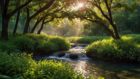 Beautiful landscape of a small river in the forest in the morningの写真素材