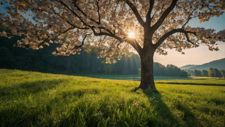 Spring landscape with blooming cherry tree on the meadow in sunsetの写真素材