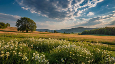 Panoramic view of a meadow with flowers and trees in the backgroundの写真素材