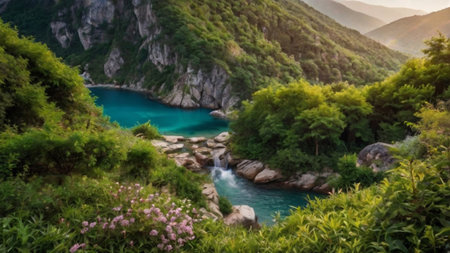 Krka National Park, Croatia, Europe. Panoramic view of beautiful turquoise water and mountains.の写真素材