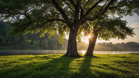 Sunset on the lake with big old tree and green grass.