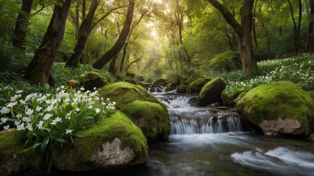 Waterfall in the forest. Beautiful spring landscape with white flowers.の写真素材