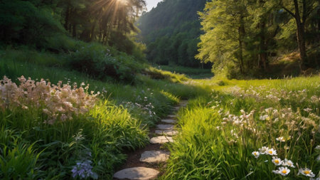 Path in the forest at sunset. Beautiful summer landscape with flowers.