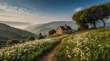 panoramic view of daffodils and old house in the mountains