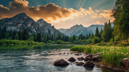 Mountain lake at sunset.の写真素材