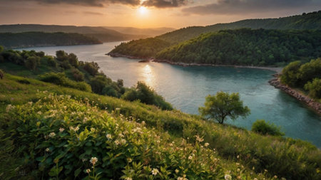 Panoramic view of the river Dniester at sunset