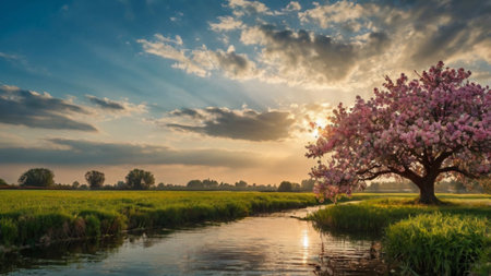 Beautiful spring landscape with blooming apple tree over river at sunsetの写真素材