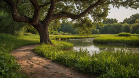 beautiful summer landscape with river, trees and grass on the shore