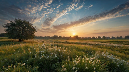 Sunset over a meadow with flowers and trees in the backgroundの写真素材