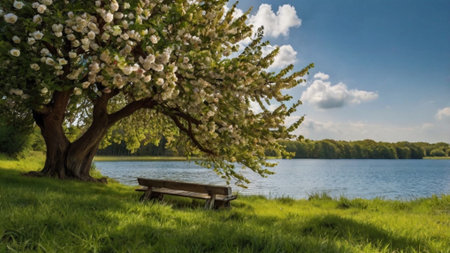 Beautiful spring landscape with blooming tree, bench and lake.の写真素材