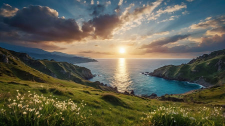 Panoramic view of the sea at sunset. Beautiful summer landscape.の写真素材