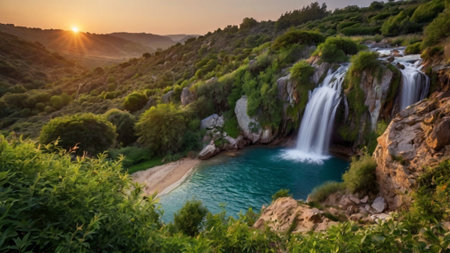 Waterfall at sunset in Krka National Park, Dalmatia, Croatiaの写真素材
