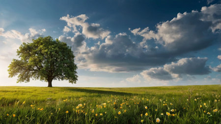 lonely tree on green meadow with dandelions and blue skyの写真素材