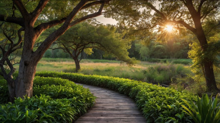 Wooden path in the park at sunset. Nature landscape background.の写真素材