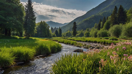 Landscape with a mountain river in the Carpathians, Ukraineの写真素材