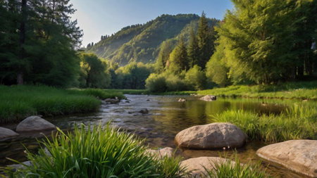 Mountain river with green grass and stones in the foreground. Beautiful summer landscape.の写真素材