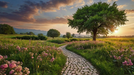 Beautiful summer landscape with blooming meadow and trees at sunsetの写真素材