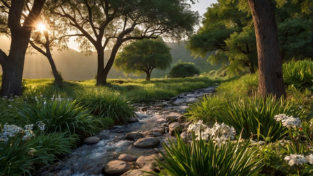Beautiful spring landscape with a small stream in the forest at sunset
