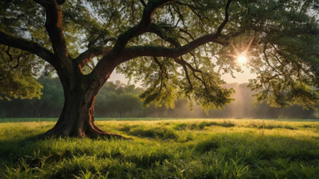 Sunrise over a big tree in a meadow in the morningの写真素材