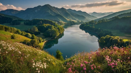 Panoramic view of the lake in the mountains at sunset.