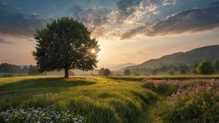 Beautiful summer landscape with a lonely tree in the middle of the field