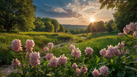 Sunset over the meadow with pink flowers. Summer landscape.