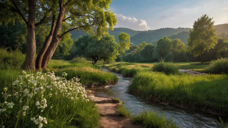 Beautiful summer landscape with a small river and a green meadow.の写真素材
