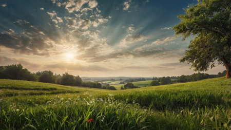 panoramic landscape of a green meadow with trees and flowers at sunsetの写真素材