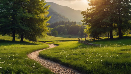 Path in the meadow at sunset. Carpathians, Ukraineの写真素材