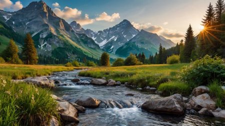 Mountain river in the mountains at sunset. Beautiful summer landscape.