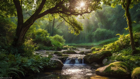 Panoramic image of a small waterfall in the forest at sunset