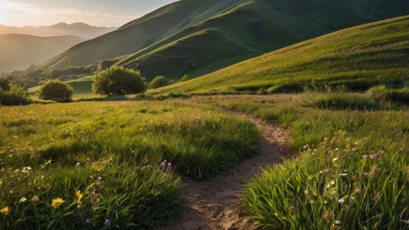 Sunset in the mountains with green grass and flowers in the foregroundの写真素材