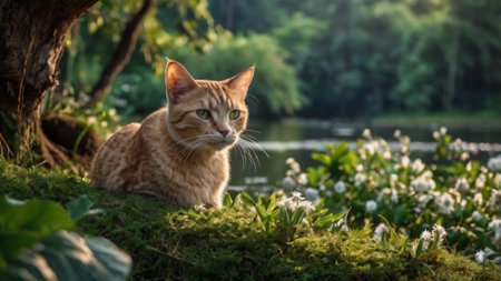 Cute ginger cat sitting on the grass near the river and looking at the cameraの写真素材