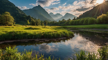 Panoramic view of a mountain river at sunset. Beautiful summer landscape.