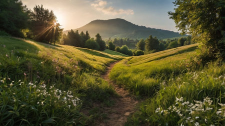 Landscape with path and meadow at sunset in the mountains.の写真素材