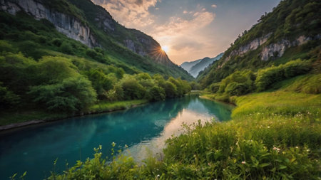 Panoramic view of the mountain river in the mountains at sunset