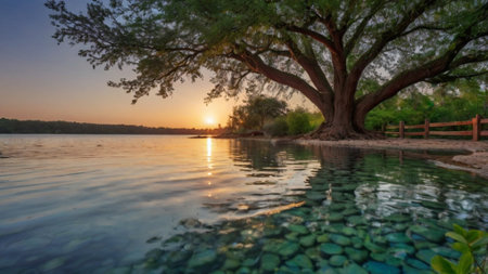 Sunset over a lake with a large tree in the foreground.の写真素材