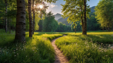 Sunset in the forest. Summer landscape with a path in the forest