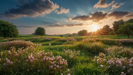 Sunset over the meadow with purple flowers. Panorama.の写真素材