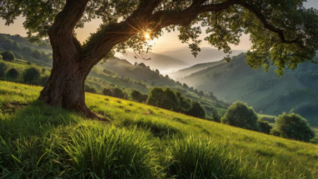 Beautiful summer landscape in the mountains. The sun is shining through the tree.の写真素材